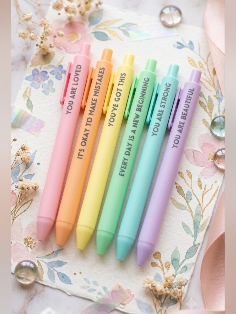Set Of Six Inspirational Pens Black Ink Pointpoint Tip NWOT